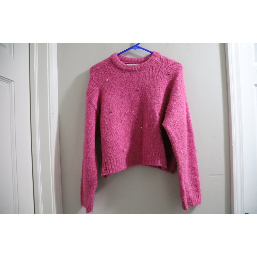 Zara Girls Sweater Rhinestone Pink Crew Neck Long Sleeve Knit Pullover